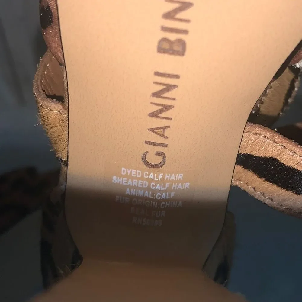 Gianni BINI‎ Calf Hair Leather Animal Print Strappy Heel Platform Sandals Size 6